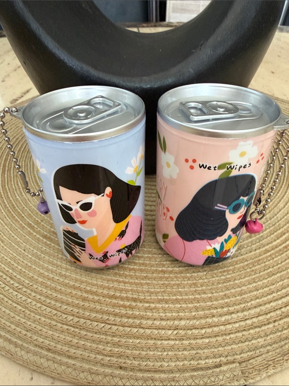 Cute Illustrated Wet Wipes Canister Keychain - Pink & Light Blue